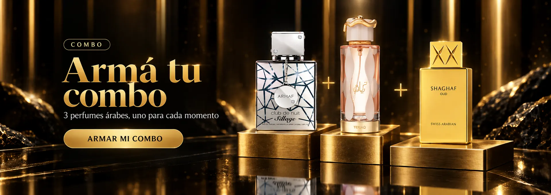 Armá tu combo: 3 perfumes árabes — Club de Nuit Sillage, Teriaq y Shaghaf Oud. Armar mi combo por WhatsApp