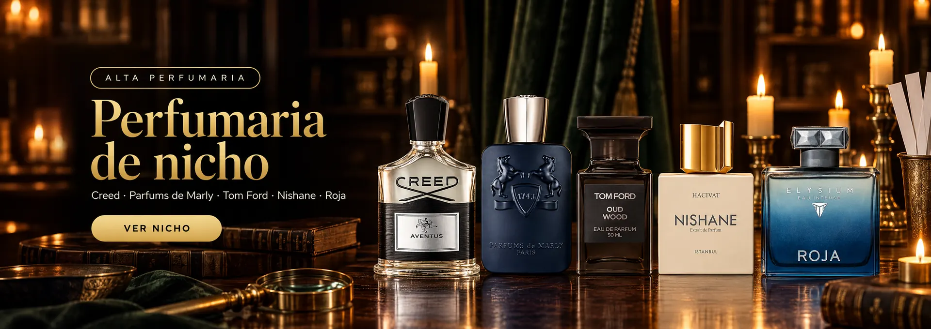 Perfumaria de nicho: Creed Aventus, Layton, Oud Wood, Nishane Hacivat e Roja Elysium. Ver nicho